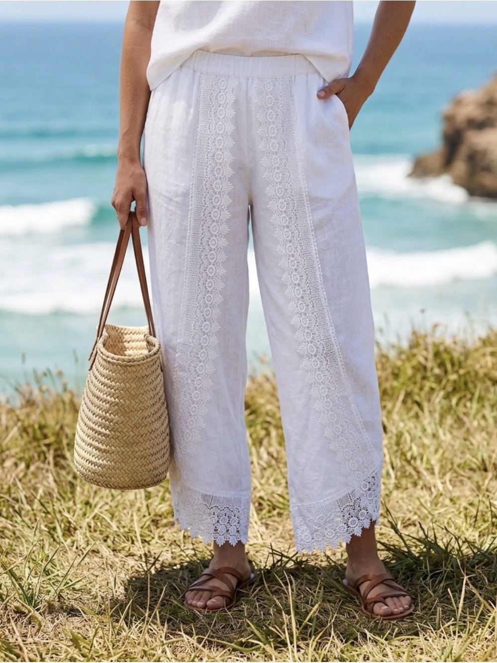 Elegant lightweight White Lace-Panel Cropped Flare Pants